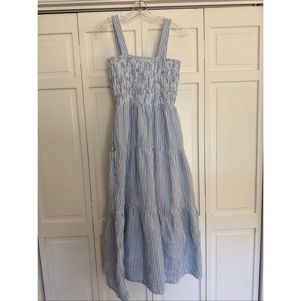 Quince blue and white stripe smocked midi dress small - Picture 9 of 11